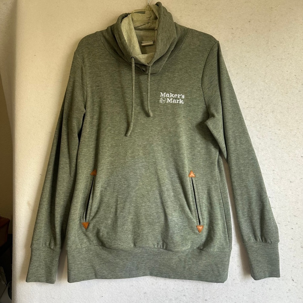Makers Mark Hoodie Mens Large Green Cowl Neck Pullover Sweatshirt Logo Pockets